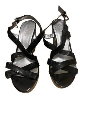 Guess Strappy Black Patent Leather & Cork Wedge Sandals- LNC